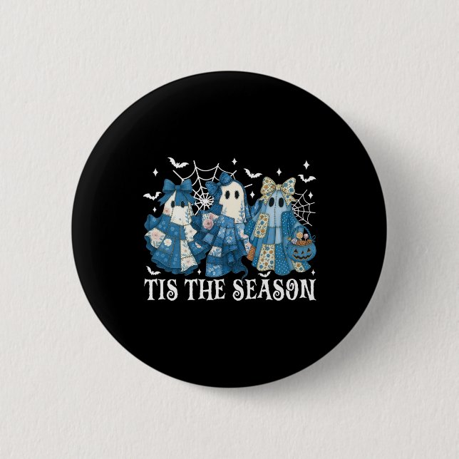 Tis The Season Blue Patchwork Ghost Pumpkin Spooky Button (Front)