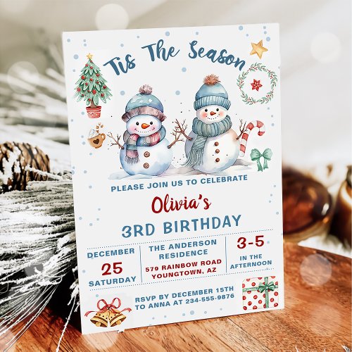 Tis The Season Christmas Holiday Snowman Birthday Invitation