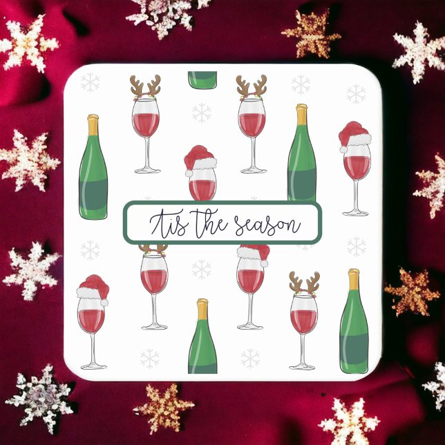 Tis the Season Christmas Santa Reindeer Wine Snow Square Paper Coaster (Creator Uploaded)
