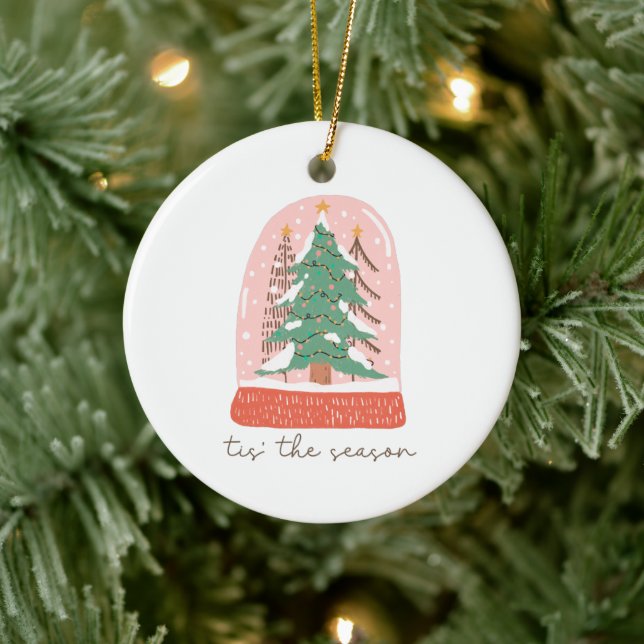Tis The Season Christmas Snow Globe Holiday Ceramic Ornament (Tree)