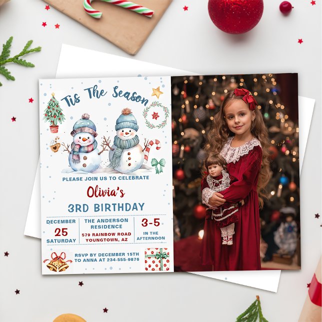 Tis The Season Christmas Snowman Birthday Photo  Invitation (Creator Uploaded)