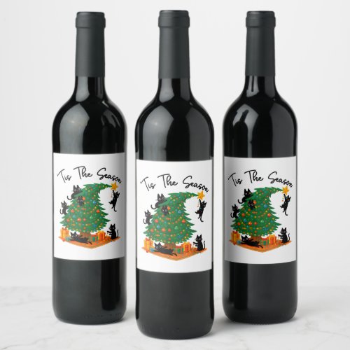 Tis The Season Christmas Tree Cute Black Cat Wine Label