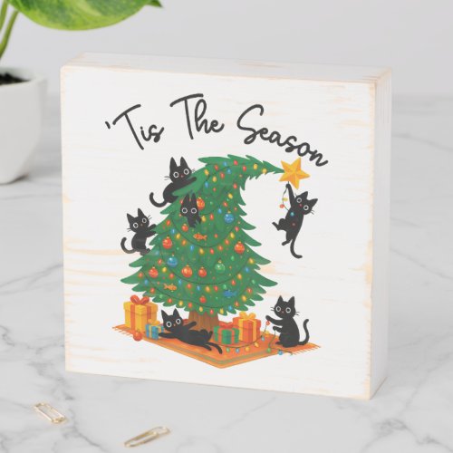 Tis The Season Christmas Tree Cute Black Cat Wooden Box Sign
