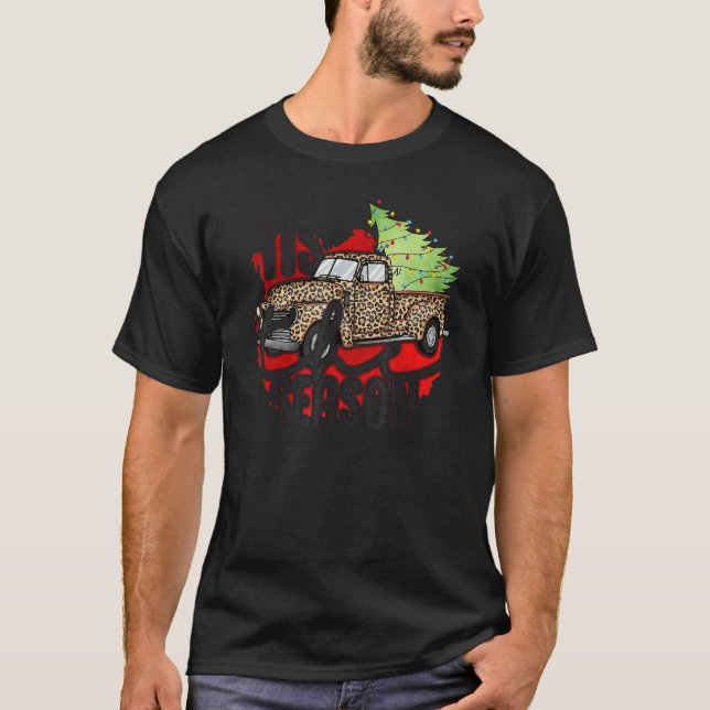 Tis The Season Christmas Tree Lights on Leopard Tr T-Shirt (Front)