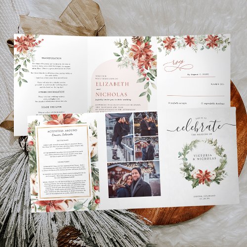 Tis The Season  Christmas Wedding Floral Tri_Fold Invitation