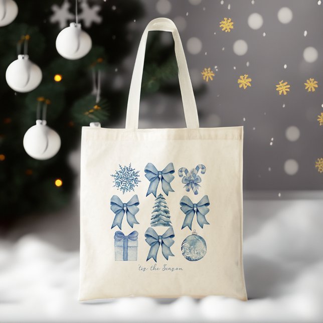 Tis the season coquette bow Christmas gifts Tote Bag (Tis the season coquette bow Christmas Tote Bag gifts for her dusty blue bow winter collage tote bag)