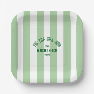 Tis The SeaSon Custom Beach Christmas Green Stripe Paper Plates