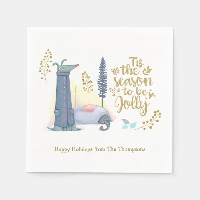 Tis The Season Cute Dog Cat Gold Script Christmas Napkins (Front)