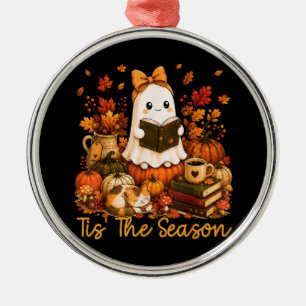 Tis The Season Cute Ghost Reading Book Autumn Metal Ornament