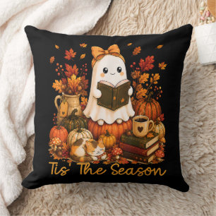 Tis The Season Cute Ghost Reading Book Autumn Throw Pillow