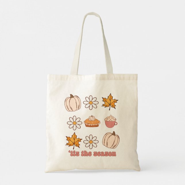 Tis The Season Fall Leaves, Pumpkins and Floral Tote Bag (Back)