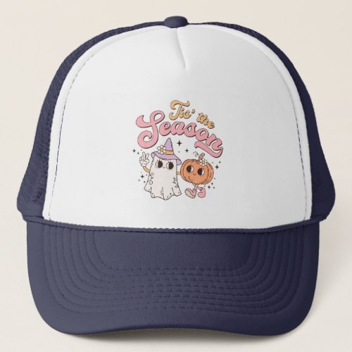 Tis The Season Funny Halloween Pumpkin and Ghost Trucker Hat