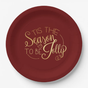 ‘‘Tis the Season” Gold Script Red Elegant Modern Paper Plates
