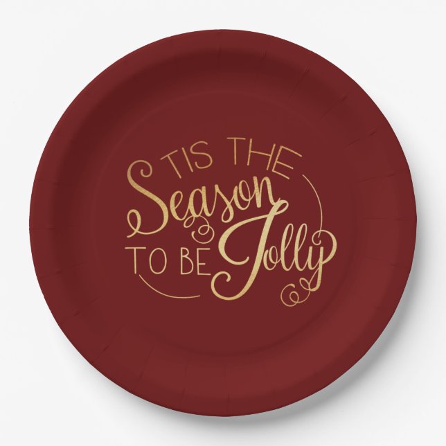 ‘‘Tis the Season” Gold Script Red Elegant Modern Paper Plates (Front)