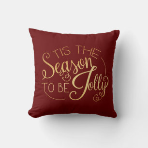 ‘‘Tis the Season” Gold Script Red Fancy Elegant Throw Pillow