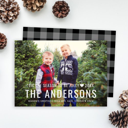 Tis the Season Gray Buffalo Plaid Family Photo Holiday Card