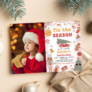 Tis The Season Groovy Christmas Birthday Photo Invitation