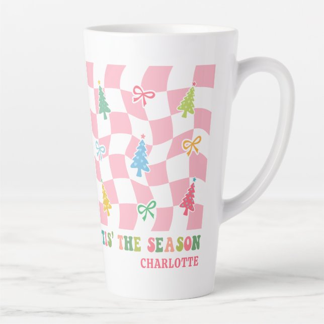 Tis The Season Groovy Pink Coquette Christmas Name Latte Mug (Right)