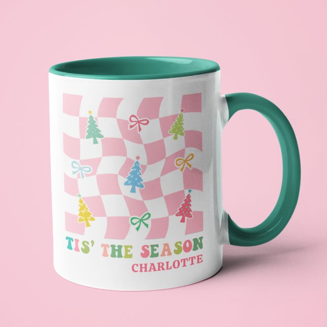 Tis The Season Groovy Pink Coquette Christmas Name Mug (Creator Uploaded)