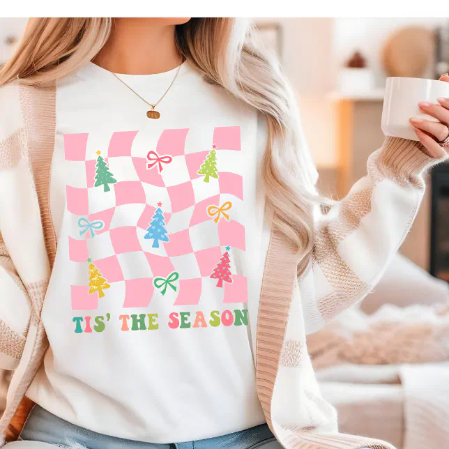 Tis The Season Groovy Pink Coquette Christmas Tri-Blend Shirt
