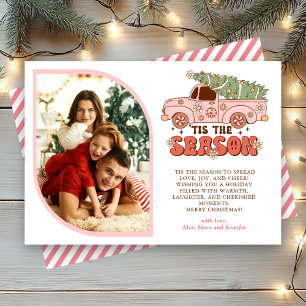 Tis the Season Groovy Pink Truck Photo Christmas Holiday Card