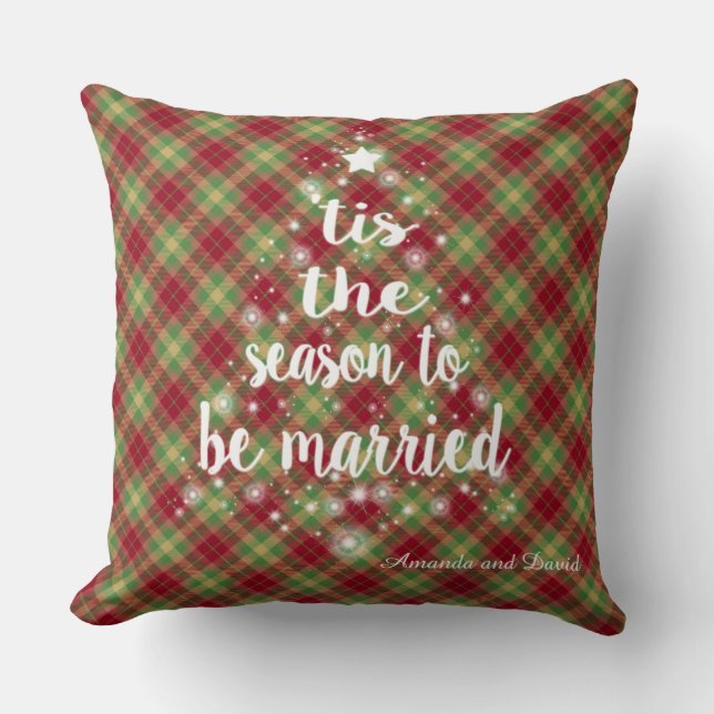 "'Tis the season handwriting Red Plaid Wedding Throw Pillow (Front)