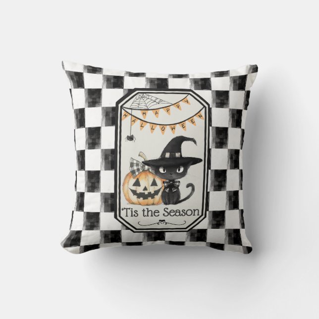 "Tis The Season Happy Halloween Checkerboard Throw Pillow (Front)