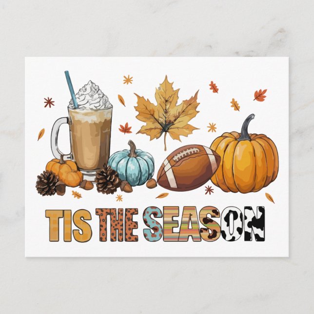 Tis the Season Herbstzeit mit Football und Kaffee Postcard (Front)