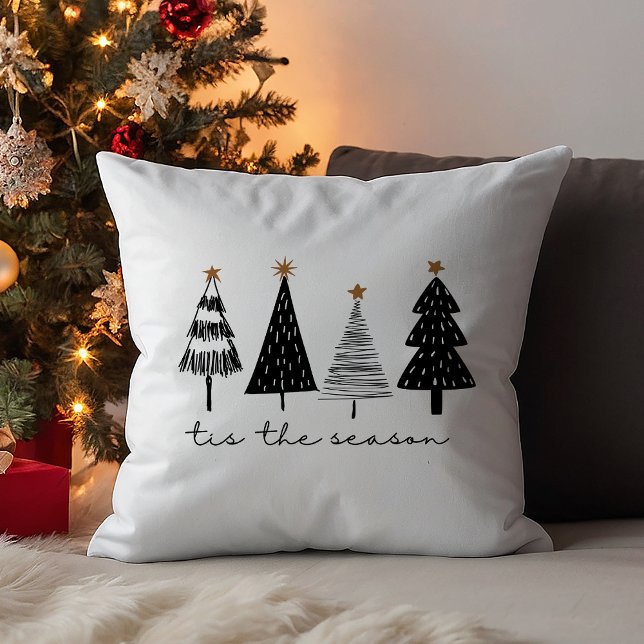 Tis The Season | Modern Black Christmas Trees Throw Pillow (Creator Uploaded)