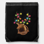 Tis The Season Mounted Reindeer With Christmas Lig Drawstring Bag