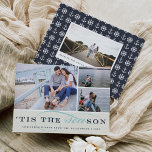 Tis the Season | Nautical Holiday Photo Card<br><div class="desc">Cute nautical theme holiday card features three of your favorite photos in a collage layout, with "'tis the SEAson" in navy blue and aqua lettering on a beachy warm ivory stripe. Add an additional photo and message to the back, on a background pattern of anchors and ship's wheels in navy...</div>