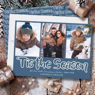 Tis the Season Outline Lettering 3 Vertical Photo Holiday Card