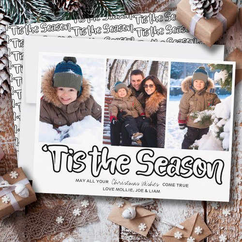 Tis the Season Outline Lettering 3 Vertical Photo Holiday Card