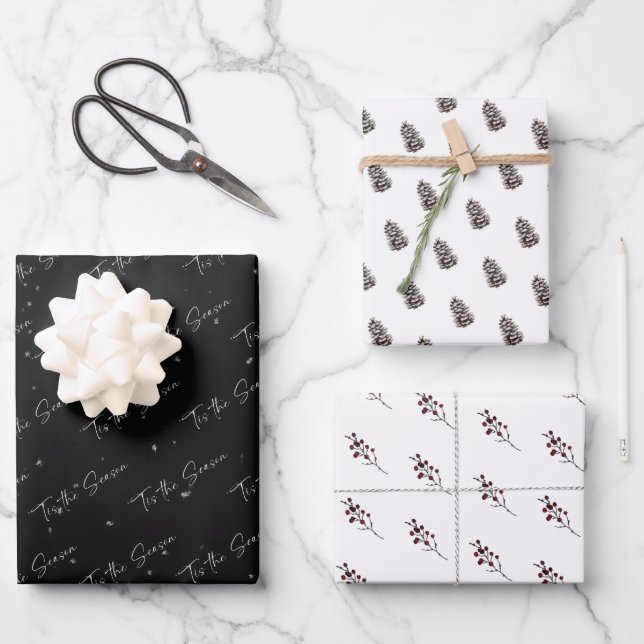'Tis The Season Pinecone Berry Patterns Wrapping Paper Sheets (Front)