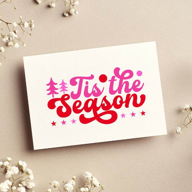 Tis The Season Pink & Red Non Photo Christmas Card (Retro Christmas Tis the Season Blank Card Pink and Red)