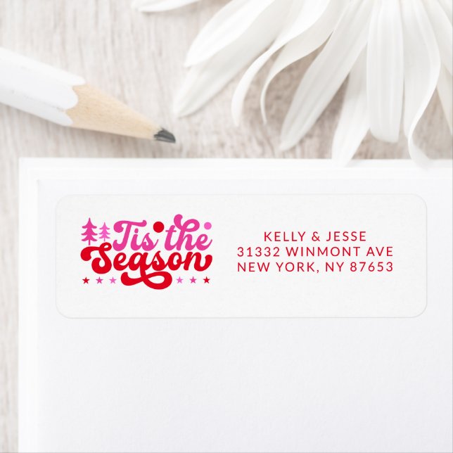 Tis The Season Pink & Red Retro Christmas Address Label (Insitu)