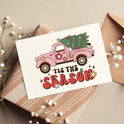 Tis The Season Pink Retro Illustrated Christmas Card