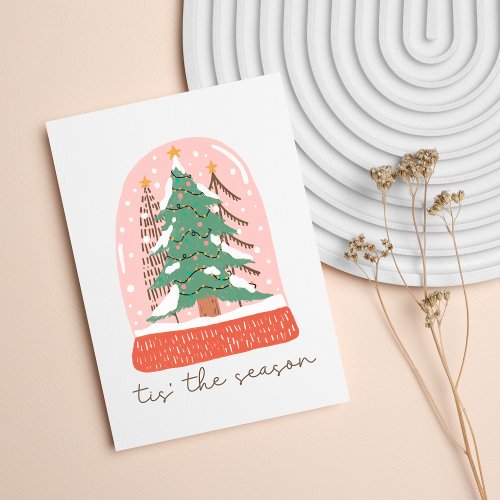 Tis the Season Pink Snow Globe Retro Christmas Card