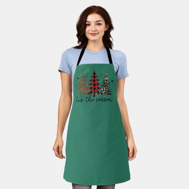 "Tis the Season" Plaid Leopard Christmas Trees Apron (Worn)