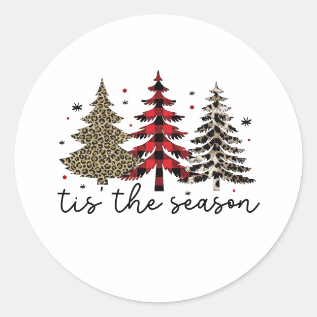 "Tis the Season" Plaid Leopard Christmas Trees Classic Round Sticker (Front)