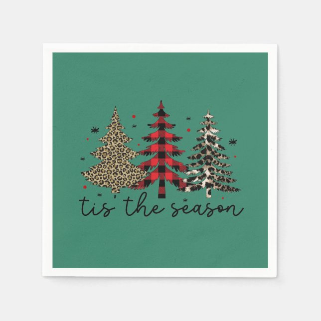 "Tis the Season" Plaid Leopard Christmas Trees Napkins (Front)