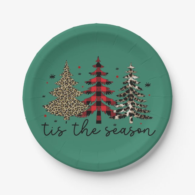 "Tis the Season" Plaid Leopard Christmas Trees Paper Plates (Front)