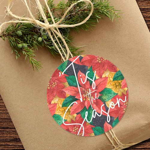 Tis the Season Poinsettia Christmas Holiday Classic Round Sticker