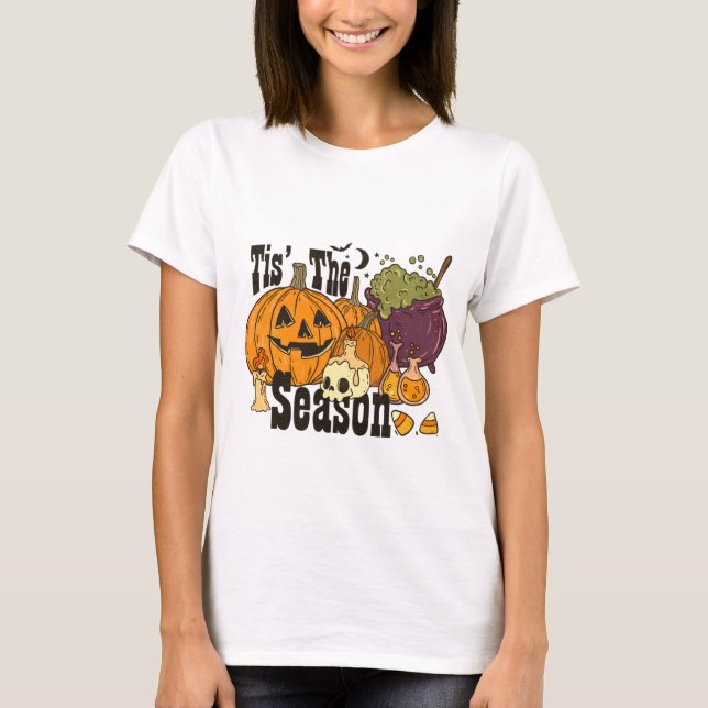 Tis' The Season Pumpkin Cauldron Candles Halloween T-Shirt (Front)