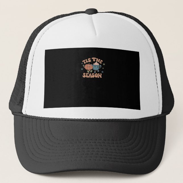 Tis The Season Pumpkin Fall Coffee Retro Trucker Hat (Front)
