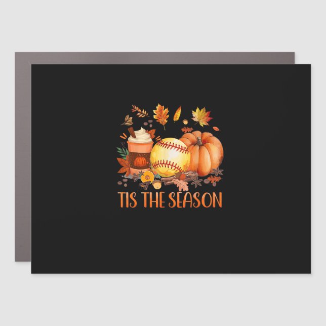 Tis The Season Pumpkin Leaf Latte Fall Softball Car Magnet (Front)
