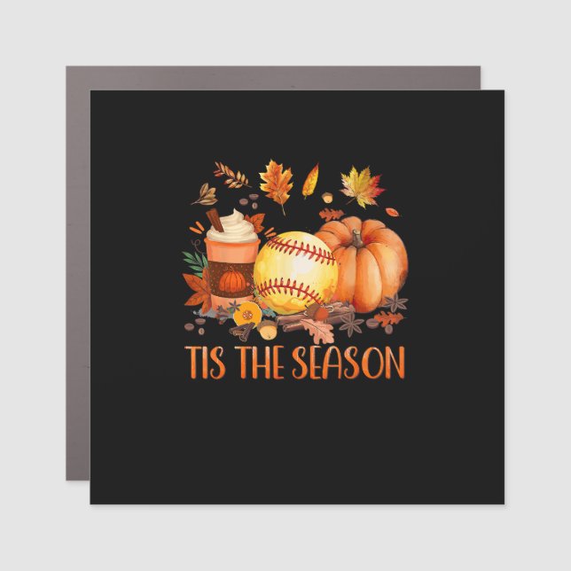 Tis The Season Pumpkin Leaf Latte Fall Softball Car Magnet (Front)