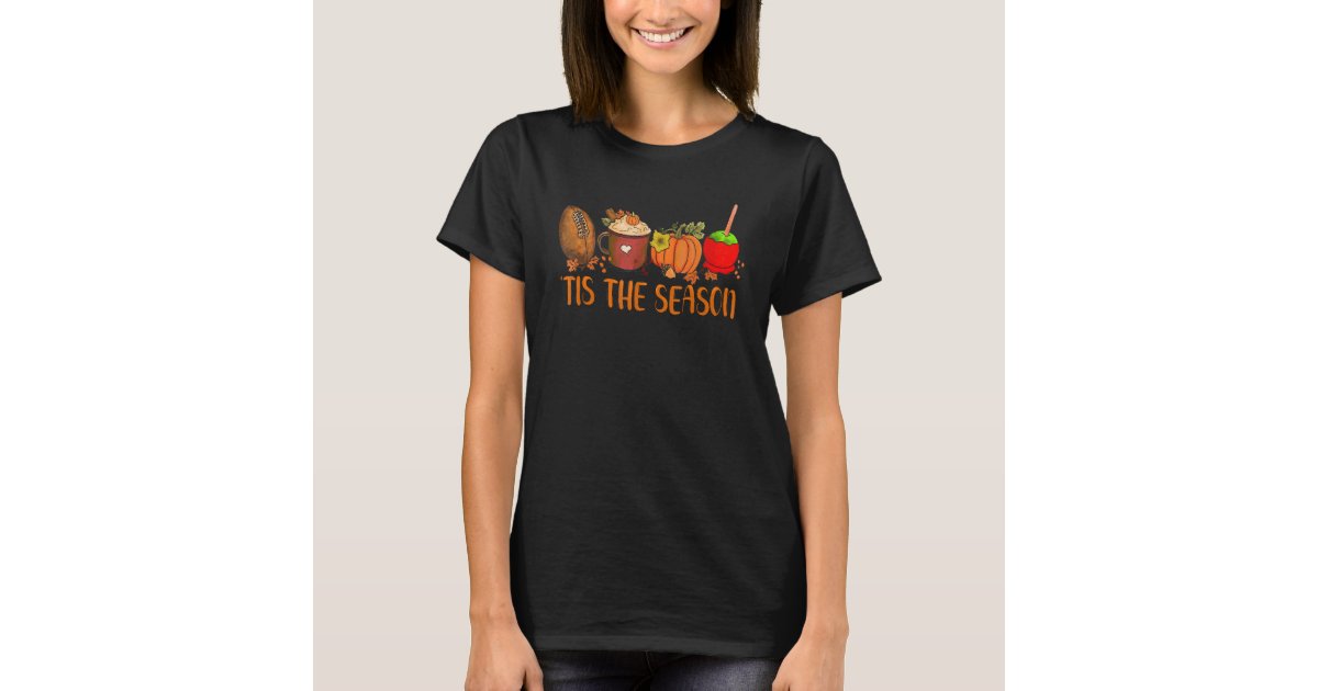 Tis The Season Pumpkin Leaf Latte Fall Thanksgiving Football T-Shirt