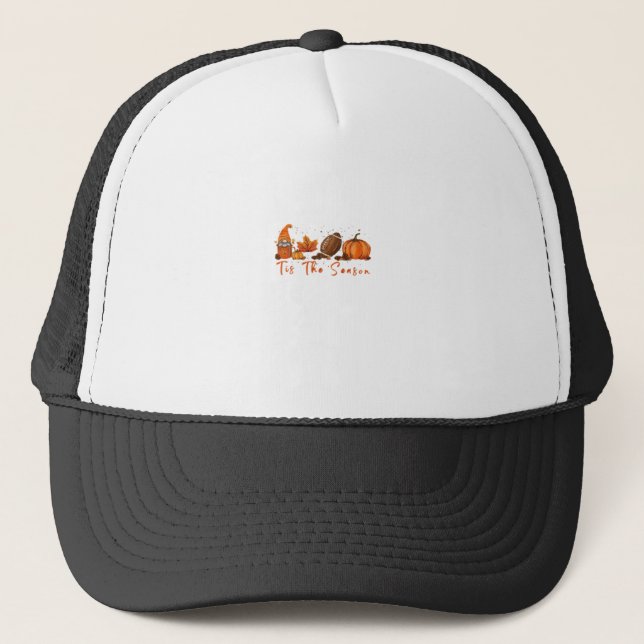 Tis The Season Pumpkin Leaf Latte Fall Thanksgivin Trucker Hat (Front)