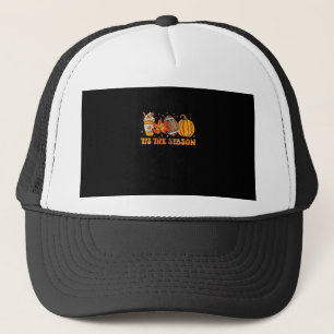 Tis The Season Pumpkin Leaf Latte Fall Thanksgivin Trucker Hat